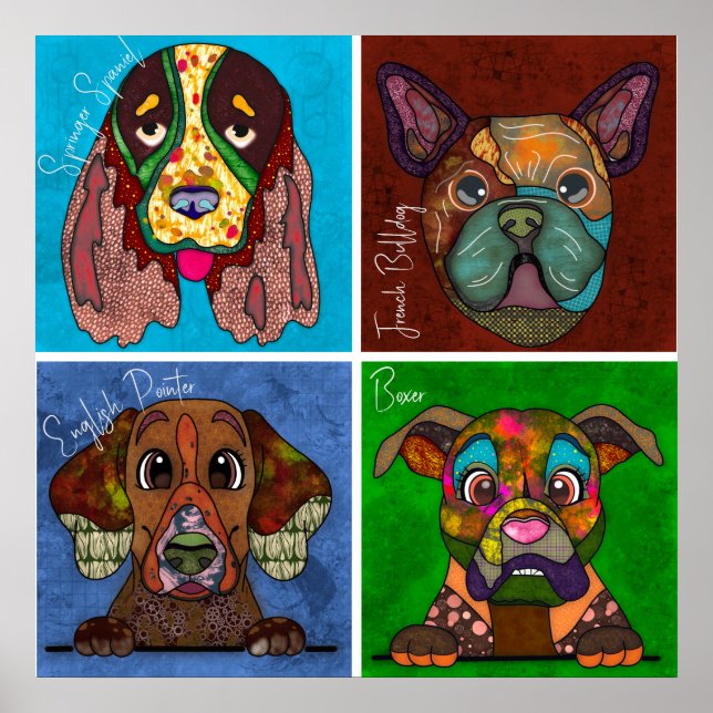 Four ugly dog faces unique abstract art poster (Front)