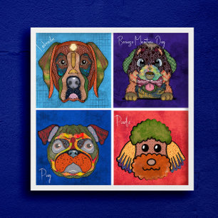 Four ugly dog faces unique abstract art poster