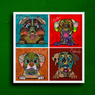 Four ugly dog faces unique abstract art poster