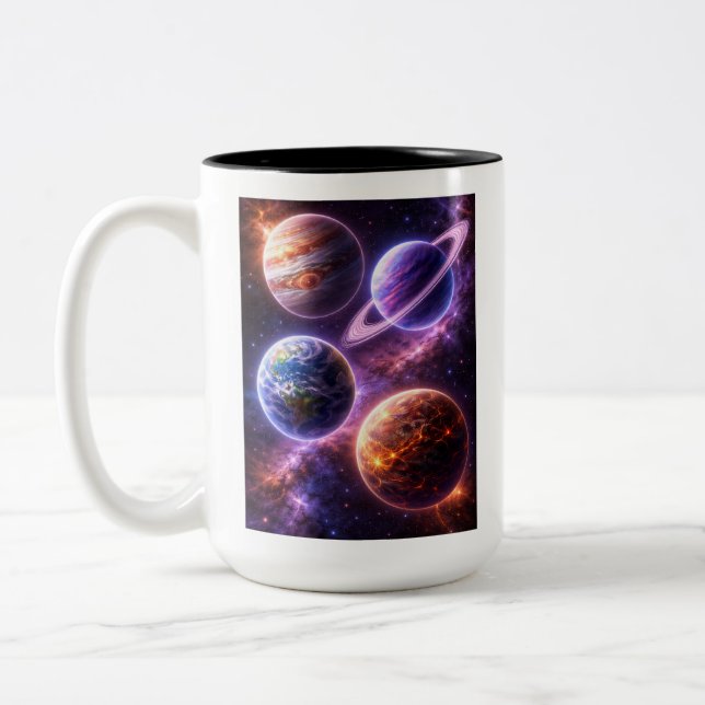 Four Unique Space Planets Two-Tone Coffee Mug (Left)