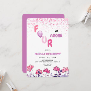 Four We Adore Glitter 4th Pink Birthday Party  Invitation