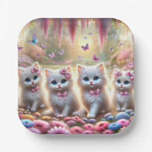 Four White Kittens with Flowers and Butterflies  Paper Plate