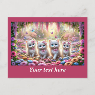 Four White Kittens with Flowers and Butterflies  Postcard