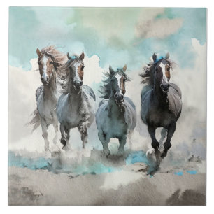 Four Wild Mustang Gallop Across the Prairie Ceramic Tile