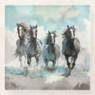 Four Wild Mustang Gallop Across the Prairie Glass Coaster