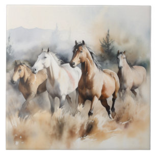 “Four Wild Mustangs” Dusty Western Watercolour Ceramic Tile