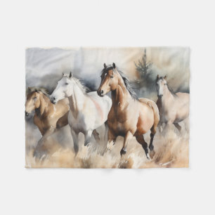 “Four Wild Mustangs” Dusty Western Watercolour Fleece Blanket