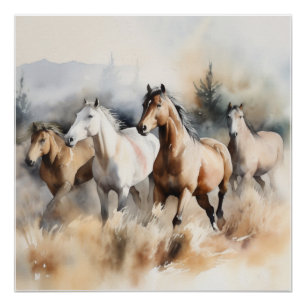 “Four Wild Mustangs” Dusty Western Watercolour Poster