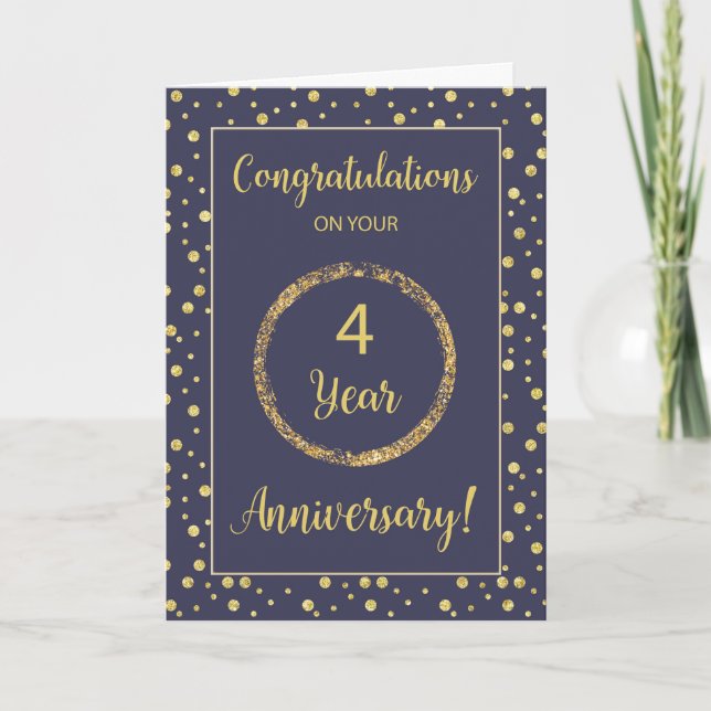 Four Year Business Anniversary Navy and Gold-Look Card (Front)