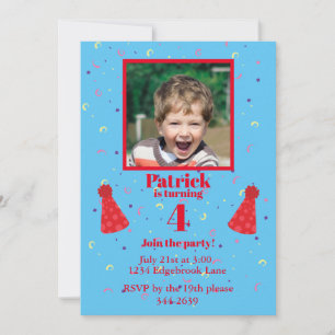 Four Year Old boy confetti on blue Birthday Party  Invitation