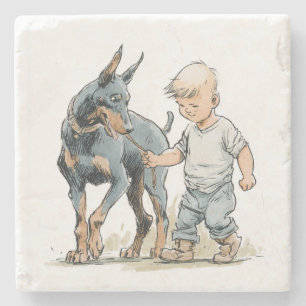 Four Year Old & Doberman Vintage Pencil Stone Coaster