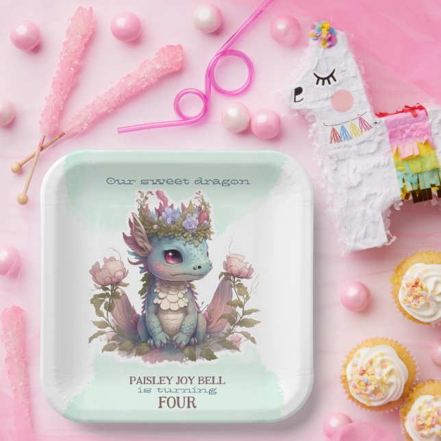 Four Year Old Girl Dragon Paper Plate (Party)