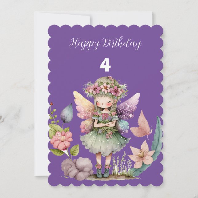 Four years happy birthday fairy floral wreath  invitation (Front)