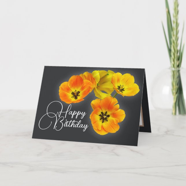 Four Yellow Orange Tulips Grey Background Birthday Card (Front)