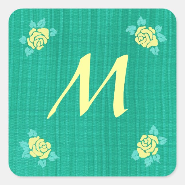 Four Yellow Roses Green Teal Plaid Initial Sticker (Front)