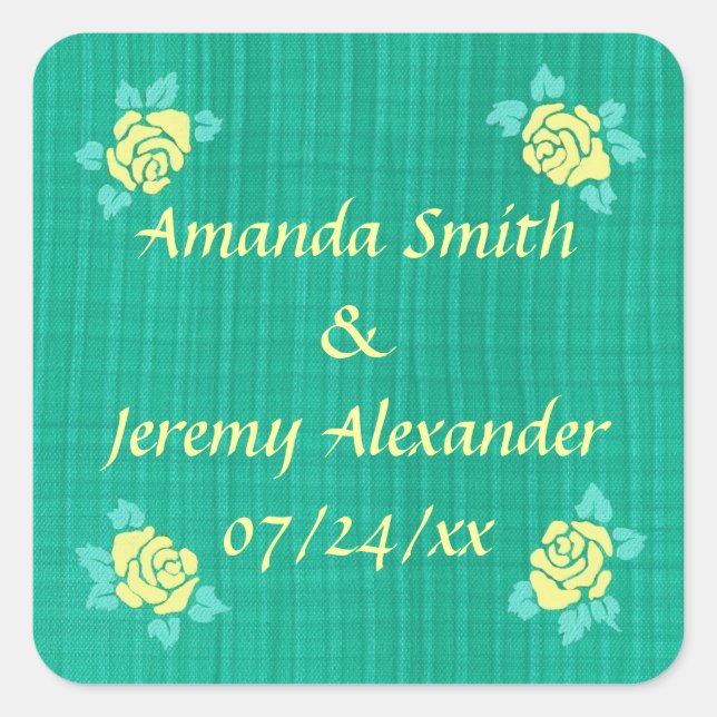 Four Yellow Roses Green Teal Plaid Save the Date Square Sticker (Front)