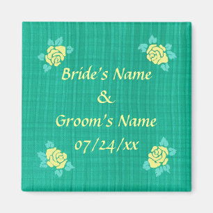 Four Yellow Roses Green Teal Plaid Wedding Magnets