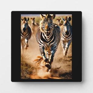 Four Zebras Running Across the Savanna While a Plaque