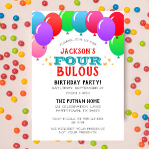 FOURbulous 4th Birthday Balloon Banner Blue Invitation