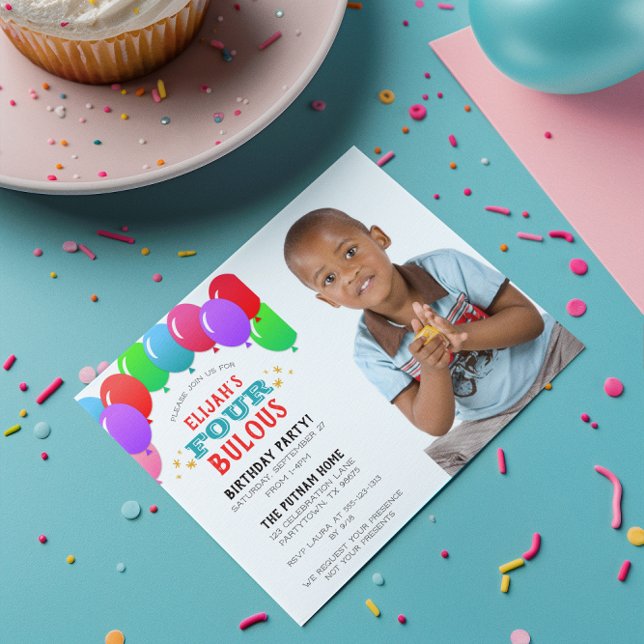 FOURbulous 4th Birthday Balloon Blue Photo Invitation (Creator Uploaded)