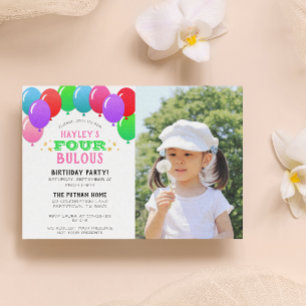 FOURbulous 4th Birthday Balloon Pink Photo Invitation