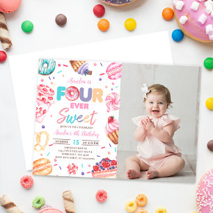 Fourever Sweet Donut Candy 4th Birthday Photo Invitation