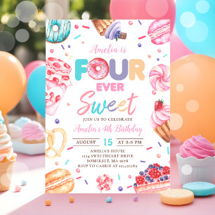 Fourever Sweet Doughnut Candy 4th Birthday Invitat Invitation