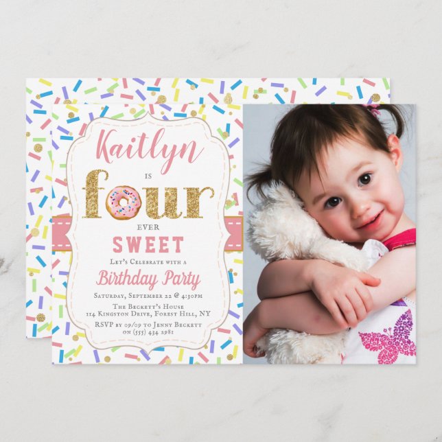 FOURever Sweet Doughnut Girls 4th Birthday Invitat Invitation (Front/Back)