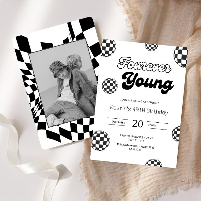 FOURever Young Black Retro Boys 4th Birthday  Invitation (Creator Uploaded)
