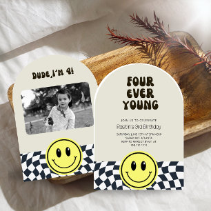 FOURever Young  Retro Boys 4th Birthday Invitation