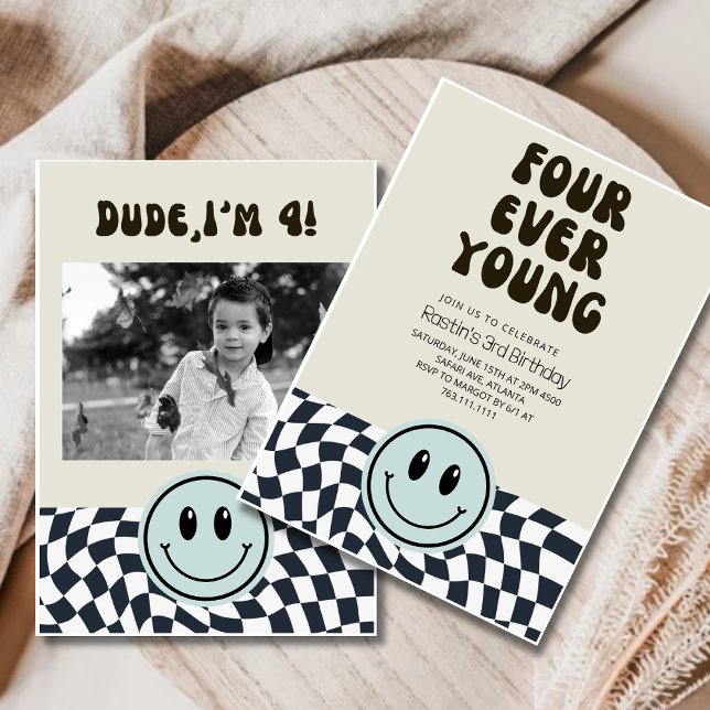Fourever Young Retro chequered birthday Invitation (Creator Uploaded)
