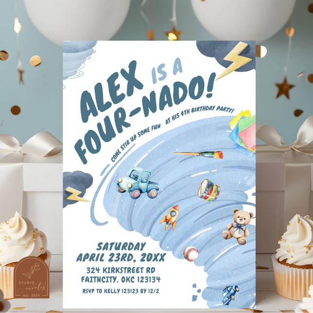 Fournado Boy Tornado Storm Fourth Birthday Party Invitation (Creator Uploaded)