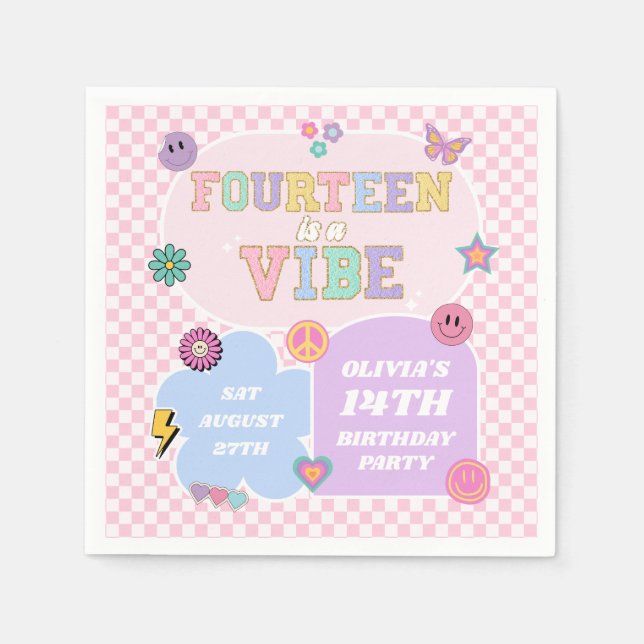 Fourteen A Vibe Preppy Patch 14th Birthday Party Napkin (Front)