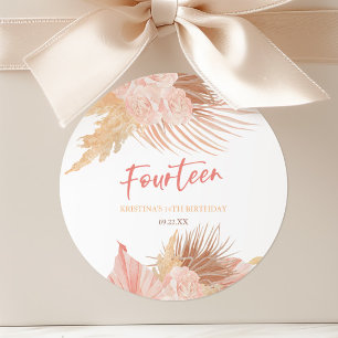 Fourteen Boho Pink Floral 14th Birthday Party Classic Round Sticker