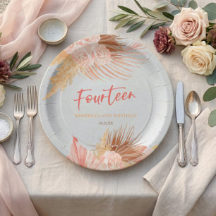 Fourteen Boho Pink Floral 14th Birthday Party Paper Plate
