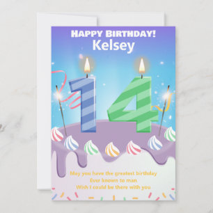 Fourteen year old Happy Birthday card personalised