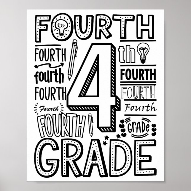 Fourth 4th Grade Typography Back To School  Poster (Front)