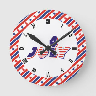 Fourth 4th Of July text design & border with stars Round Clock