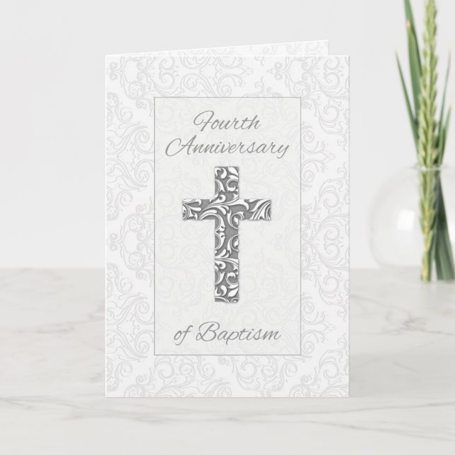Fourth Anniversary Baptism Blessings Cross Swirls Card (Front)