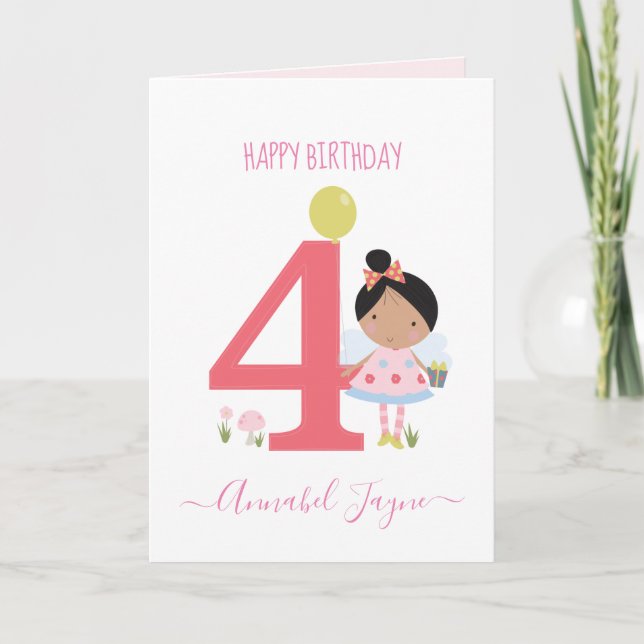 Fourth birthday fairy, girls cute personalised card (Front)