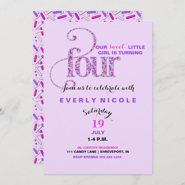 Fourth Birthday Lavender Purple Pink Sprinkles Invitation (Front/Back)