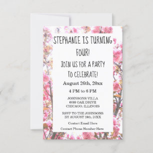 Fourth Birthday Party Pink Cherry Blossom Floral Invitation