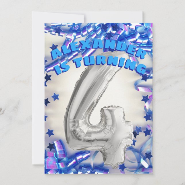 Fourth Birthday Silver and Blue Age 4 Boys Party Invitation (Front)