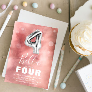 Fourth Birthday Silver Balloon Pink Party Invitation