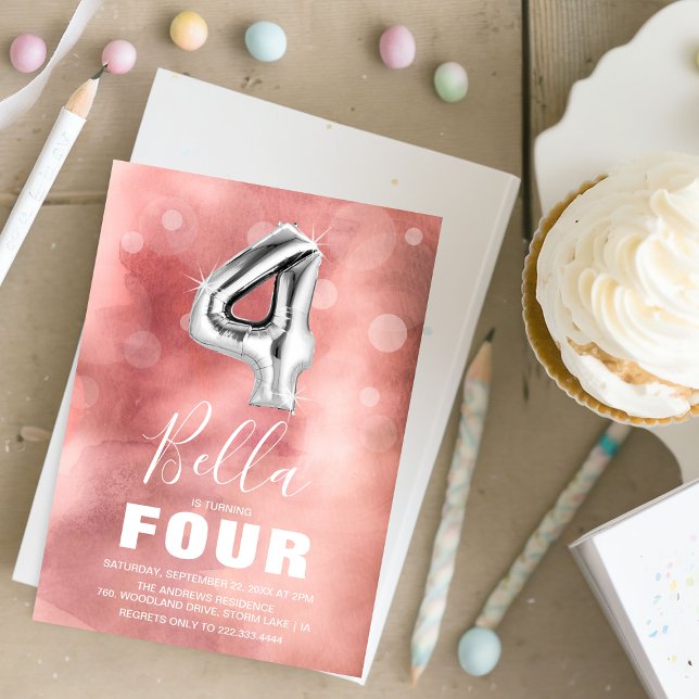 Fourth Birthday Silver Balloon | Pink Party Invitation (Creator Uploaded)
