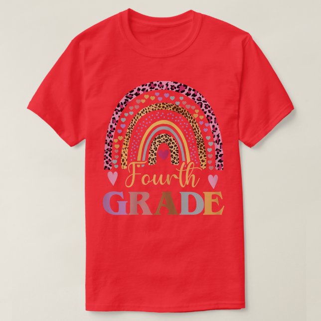 Fourth Grade Boho Rainbow Leopard Teacher Kid Back T-Shirt (Design Front)