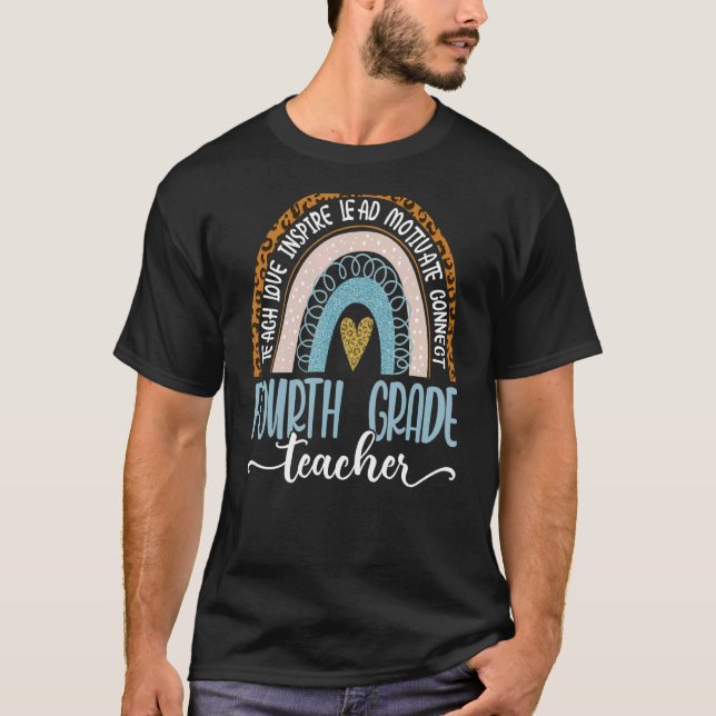 Fourth Grade Teacher Leopard Boho Rainbow Back To  T-Shirt (Front)