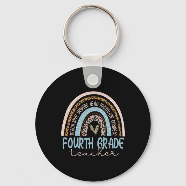 Fourth Grade Teacher Leopard Boho Rainbow Byck To  Key Ring (Front)