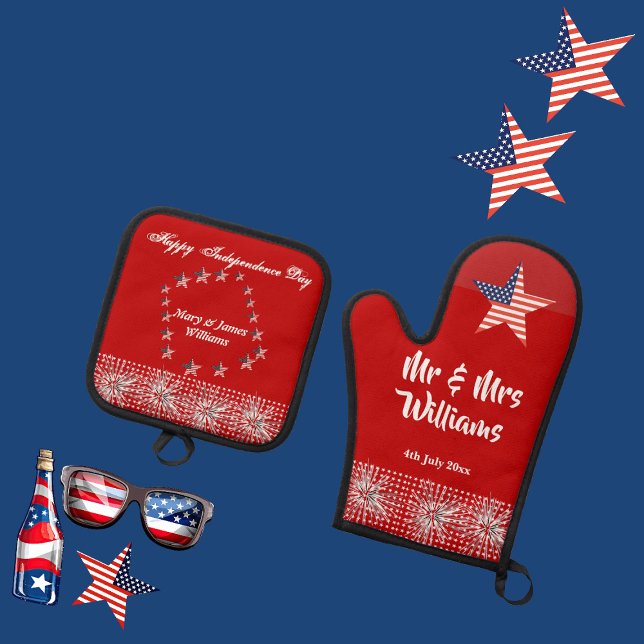 Fourth July Patriotic Mr Mrs Modern Script Red Fun Oven Mitt & Pot Holder Set (Fourth July Patriotic Mr Mrs Modern Script Red Fun Oven Mitt & Pot Holder Set)