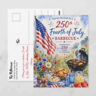  Fourth of July 250 Years Patriotic Watercolor BBQ Postcard